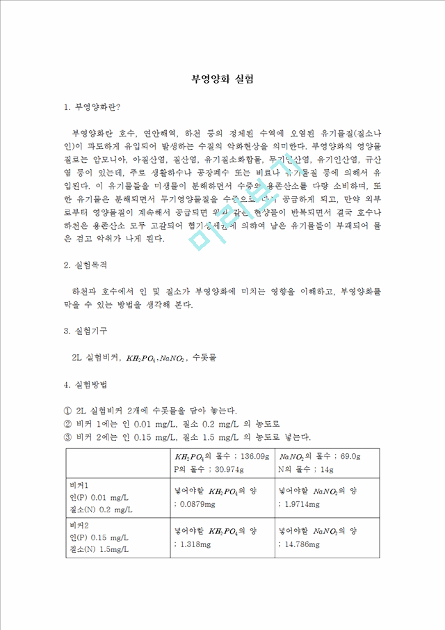 [자연과학] 환경실험보고서 - 부영양화 실험.hwp